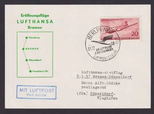 Flugpost Brief Air Mail Luftahnsa Erstflug Bremen Düsseldorf DDR Zuleitung