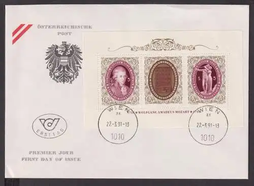 Briefmarken Österreich Europa Brief Block 1991 Wolfgang Amadeus Mozart