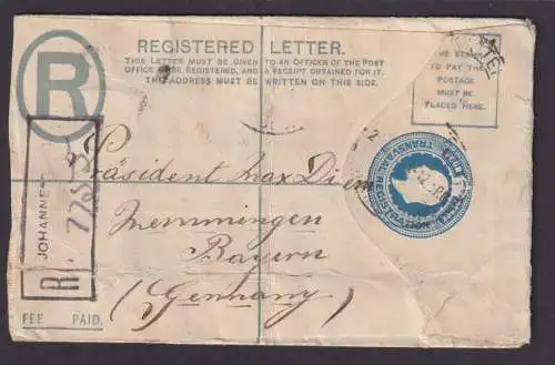 Transvaal Johannesburg Südafrika R Ganzsache Registered Letter Memmingen Bayern