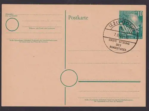 Bund Bonn Ganzsache SST Erste Sitzung Des Bundestages Ersttag FDC 7.9.1949