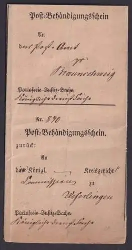 Altdeutschland Braunschweig Post Behändigungsschreiben Kompl. DIN A 4 von 1869