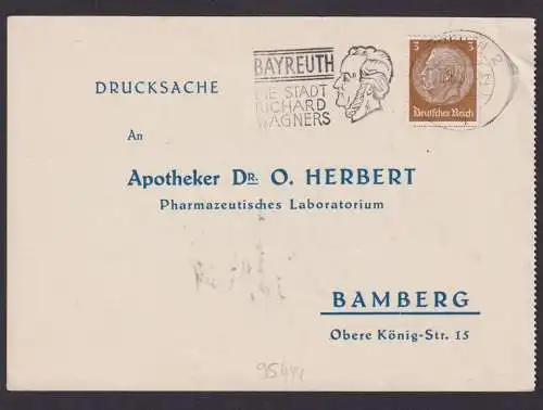 Deutsches Reich Postkarte Bayreuth selt. SSt Stadt Richard Wagners Bamberg