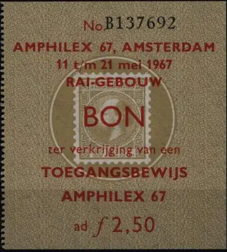 Niederlande Ticket Eintrittskarte Amphilex Briefmarkenausstellung 11-21.5.1967