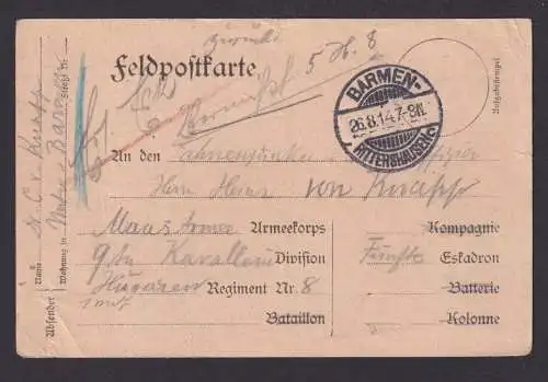 Deutsches Reich Feldpost Karte Barmen Rittershausen Maasarmee 9. Kavalerrie I.