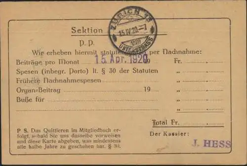 Postsache Schweiz Nachnahmekarte EF 139x Tell Zürich 1920 Zettel nicht eingelöst