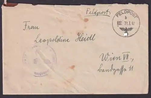 Brief Feldpost komplett mit Inhalt + Zensur an Leopoldine Heidl Wien 27.3.1942