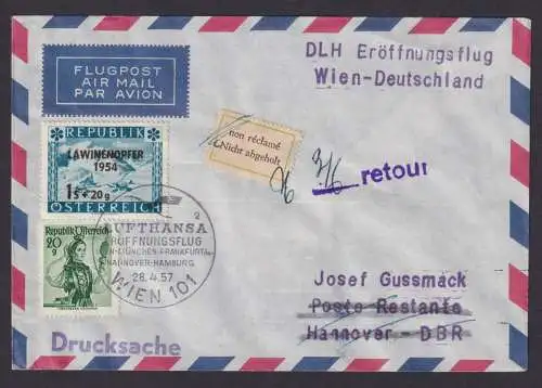 Flugpost Brief Air Mail Wien Österreich Lufthansa Hannover Aufkleber n. abgeholt