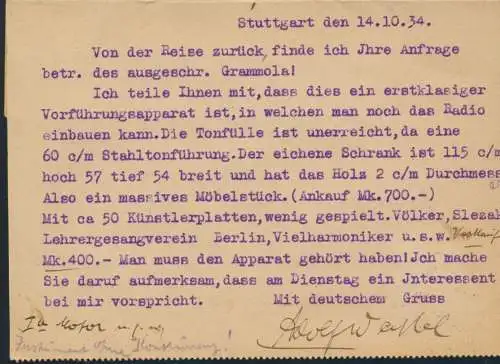 Deutsches Reich Postkarte EF 550 Stuttgart Reutlingen betr. Gramola Gerät Musik