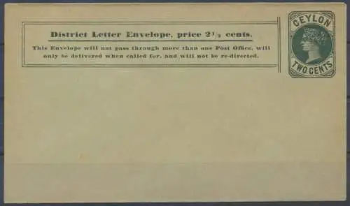 Sri Lanka Ceylon Ganzsache Umschlag 29a Queen Victoria 2c grün postal stationery