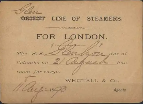 Ceylon Sri Lanka Privatganzsache 3c Queen Victoria Schiffspost Line of Steamers