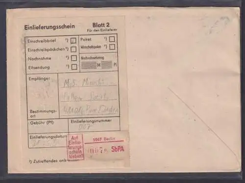 DDR R Brief Einschreibzettel 50 Pfg. Berlin ZuF 2 3er Streifen Aufbau n. Indien