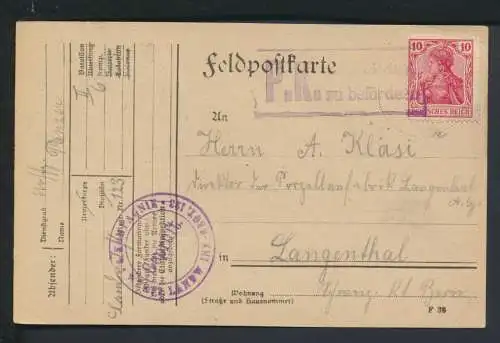 Deutsches Reich Germania Brief Feldpost 1917 I. Weltkrieg Langenthal Schweiz