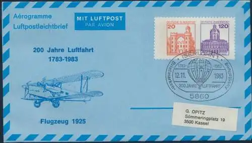 Bund Privatganzsache Flugpost 20 n. 120 Burgen SSST Iserlohn 200 Jahre Luftfahrt