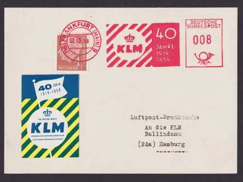 KLM Flugpost Brief Air Mail Bund Heuss + AFS Absenderfreistempel Frankfurt 1959