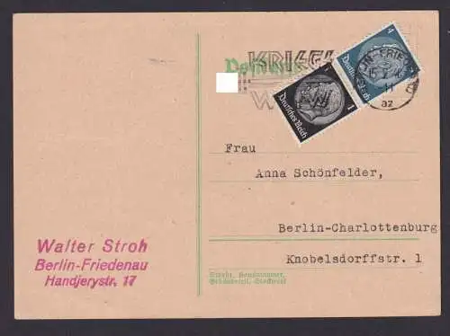 Deutsches Reich Zusammendruck Hindenburg Brief SST KRIEGS WHW Berlin Friedenau