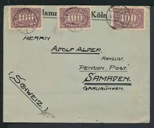 Deutsches Reich Infla Auslands Brief MEF 200 Mark Köln NRW 1923 Samaden Schweiz