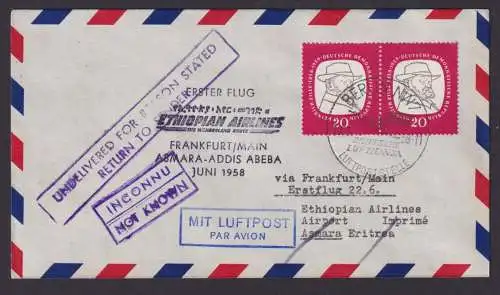 Äthiopien Flugpost Brief Air Mail Ethopian Airlines Erstflug Frankfurt Asmara