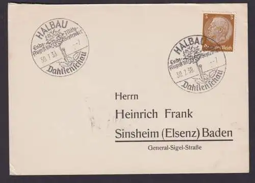 Deutsches Reich Postkarte Halbau SST Dahlienschau Sinsheim Elsenz Baden