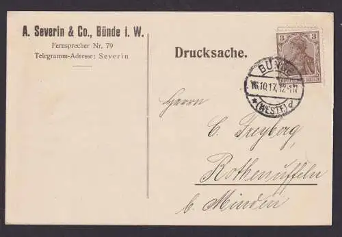 Deutsches Reich Bünde Reklame Postkarte Eindruck Severin & Co Rothenuffeln 1917