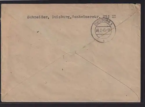 Deutsches Reich R Brief 38 Pfg Hitler ab Duisburg als Orts-Einschreiben 6.2.1943