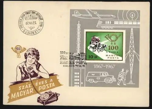 Ungarn Block 60 A Post Flugzeug Automobil 1967 als FDC 21.11.1967