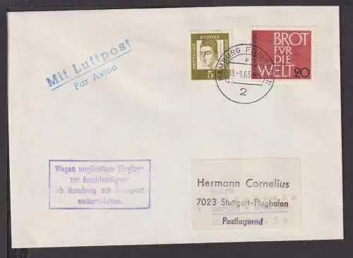 Flugpost airmail Bundesrepublik Breif Hamburg viol. R4 ab Hamburg mit Bahnpost