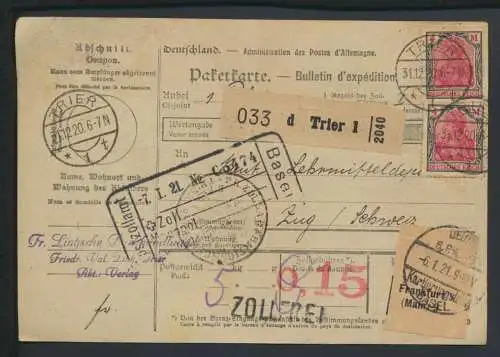 Deutsches Reich Infla Paketkarte MEF Germania Trier Rheinland-Pfalz Zug Schweiz