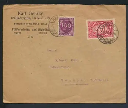 Deutsches Reich Infla Brief Berlin 1923 Samaden Schweiz