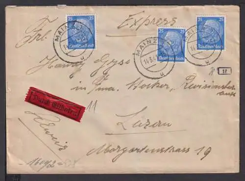 Deutsches Reich Eilboten Zensur Auslands Brief MEF 793 25 Pfg. Hindenburg Mainz