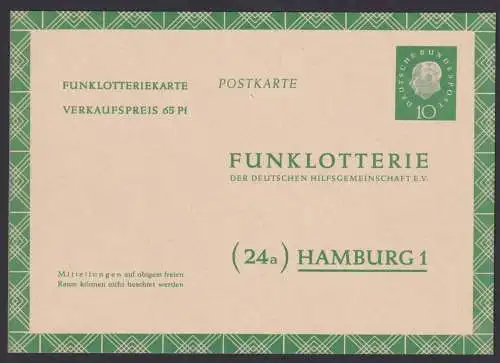 Bund Ganzsache Funklotterie FP 7 b Heuss III Medaillion 10 Pfg. Luxus Kat.15,00