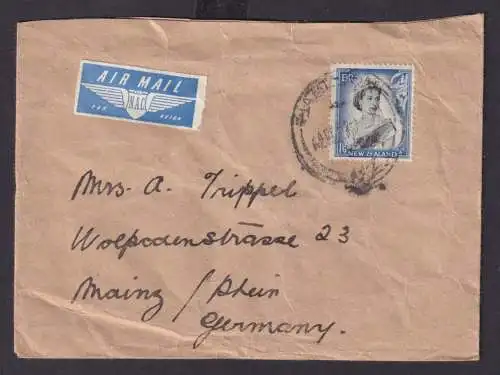 Flugpost Neuseeland Brief EF 1,6 Shilling Queen Elisabeth nach Mainz