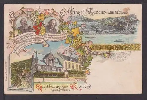 Litho Ansichtskarte Assmannshausen Hessen Gasthaus zur Krone Breslau Schlesien