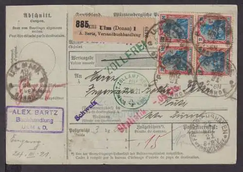 Deutsches Reich Infla Auslands Paketkarte MEF 152 Germania Viererblock Ulm Baden