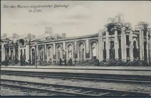 Ansichtskarte Foto Belarus Weißrussland Von den Russen abgebrannter Bahnhof in