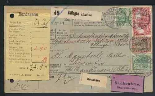 Deutsches Reich Nachnahme Paketkarte Villingen Baden-Württemberg via Konstanz