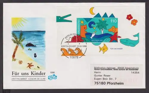 Briefmarken Deutschland Brief Block 1998 Für uns Kinder