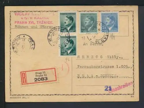 Bestzung Böhmen & Mähren Einschreiben Postkarte Prag 1944 Rüti Schweiz