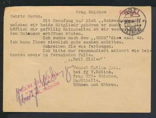 Bestzung Böhmen & Mähren Einschreiben Postkarte Prag 1944 Rüti Schweiz