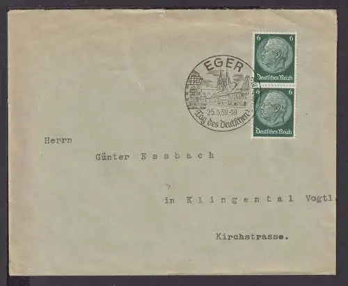 Besetzung Sudetenland Deutsches Reich Brief Eger Tag der Deutschen ....1939