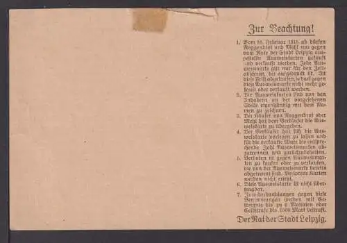 Leipzig Deutsches Reich Lebensmittelkarte 1. Weltkrieg für Roggenbrot oder Mehl