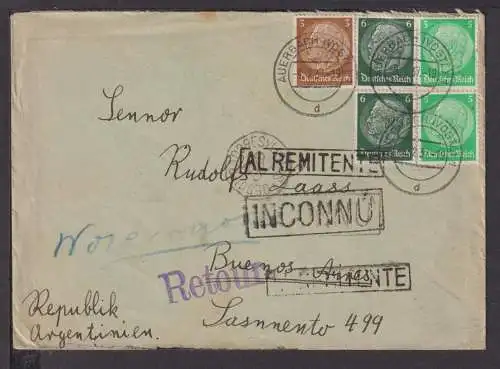 Deutsches Reich Retour Brief Hindenburg Destination Buenos Aires Argentinein