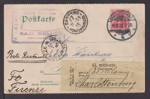 Deutsches Reich Retour Postkarte Firenze talien Aufkleber Berlin Charlottenburg