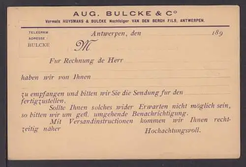 Belgien Privatganzsache bzw. Zudruck Aug. Bulcke & Co. Antwerpen