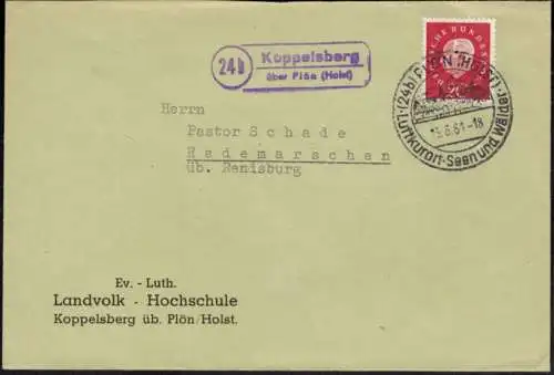 Bund Brief EF Landpoststempel Koppelsberg ü. Plön Schleswig-H. n. Hademarschen