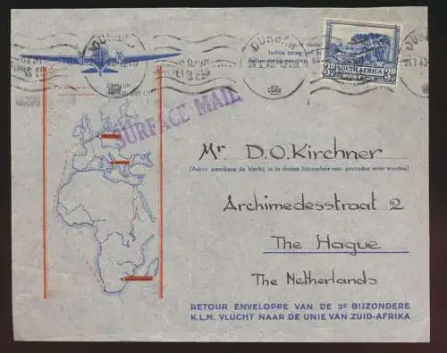 Flugpost air mail Südafrika Surface mail Den Haag Niederlande Africa cover ton