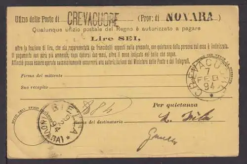 Italien Ganzsache Biella Crevacuore Postanweisung 8.2.1894