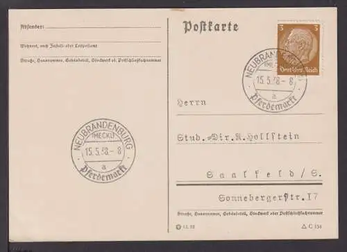 Deutsches Reich Brief selt. SST Pferdemarkt Neubrandenburg 1938 Saalfeld