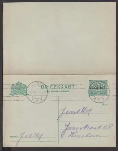 Niederlande Frage & Antwort Ganzsache mit Aufdruck 3 Cent 1917 Haarlem