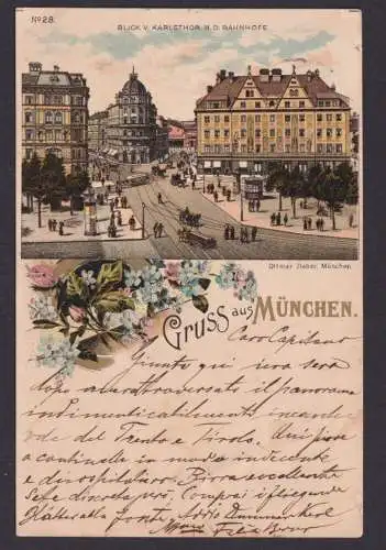 Litho Ansichtskarte München Bayern Bahnhof Schmuckkarte Blumendeko n. Italien