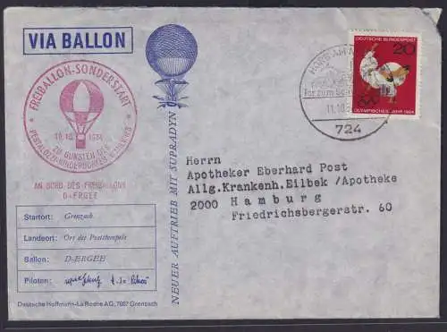 Flugpost airmail Ballonpost Bund Horb Neckar Freiballon Sonderstart Pestalozzi